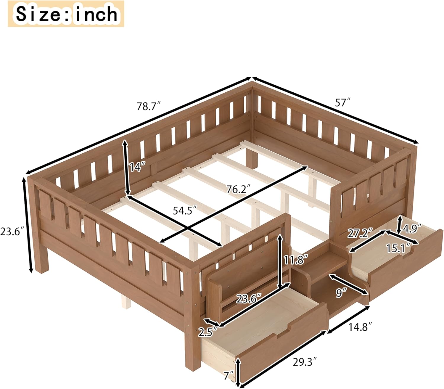 Bellemave Full Size Kids Montessori Bed with Stairs and Bookshelf,Solid Wood Full Size Kids Bed Frame with 2 Storage Drawers for Kids Girls Boys,Low-Profile,Natural