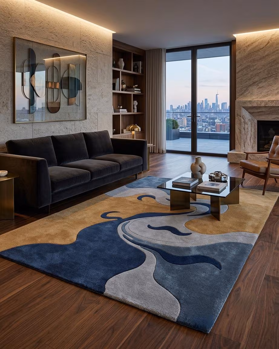 Mustard Navy Abstract Hand Tufted Rug, Modern Mid Century Wool Area Rug, Custom Size Decor