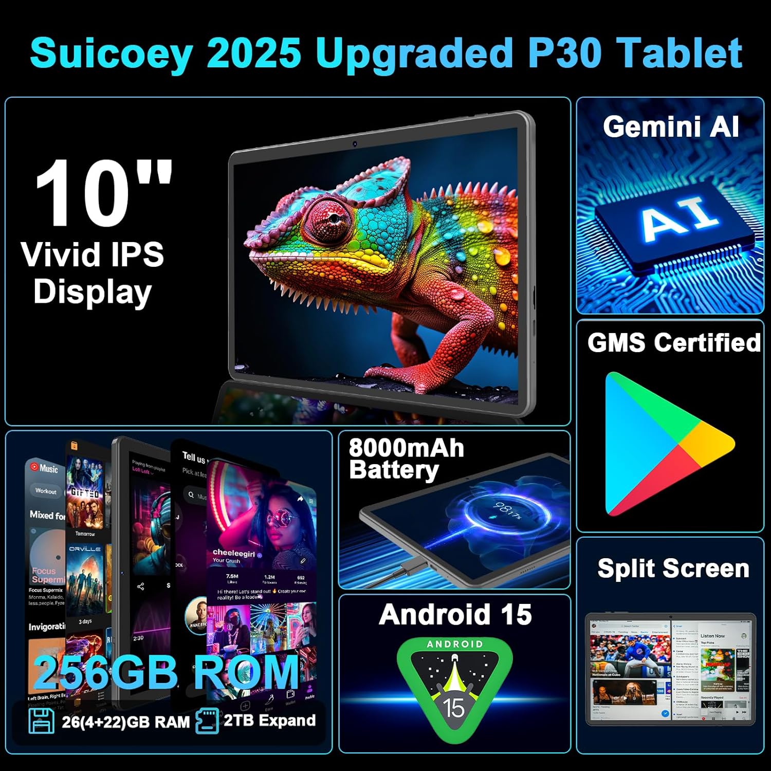 Suicoey 2026 Tablet with Keyboard, 26GB + 256GB (2TB Expand), 10 inch Android 15 Tablets with Octa Core, Gemini AI, 5G WiFi, 8000mAh, BT 5.0, 2 in 1 AI Tablet with Case, Mouse, Stylus (Black Case)