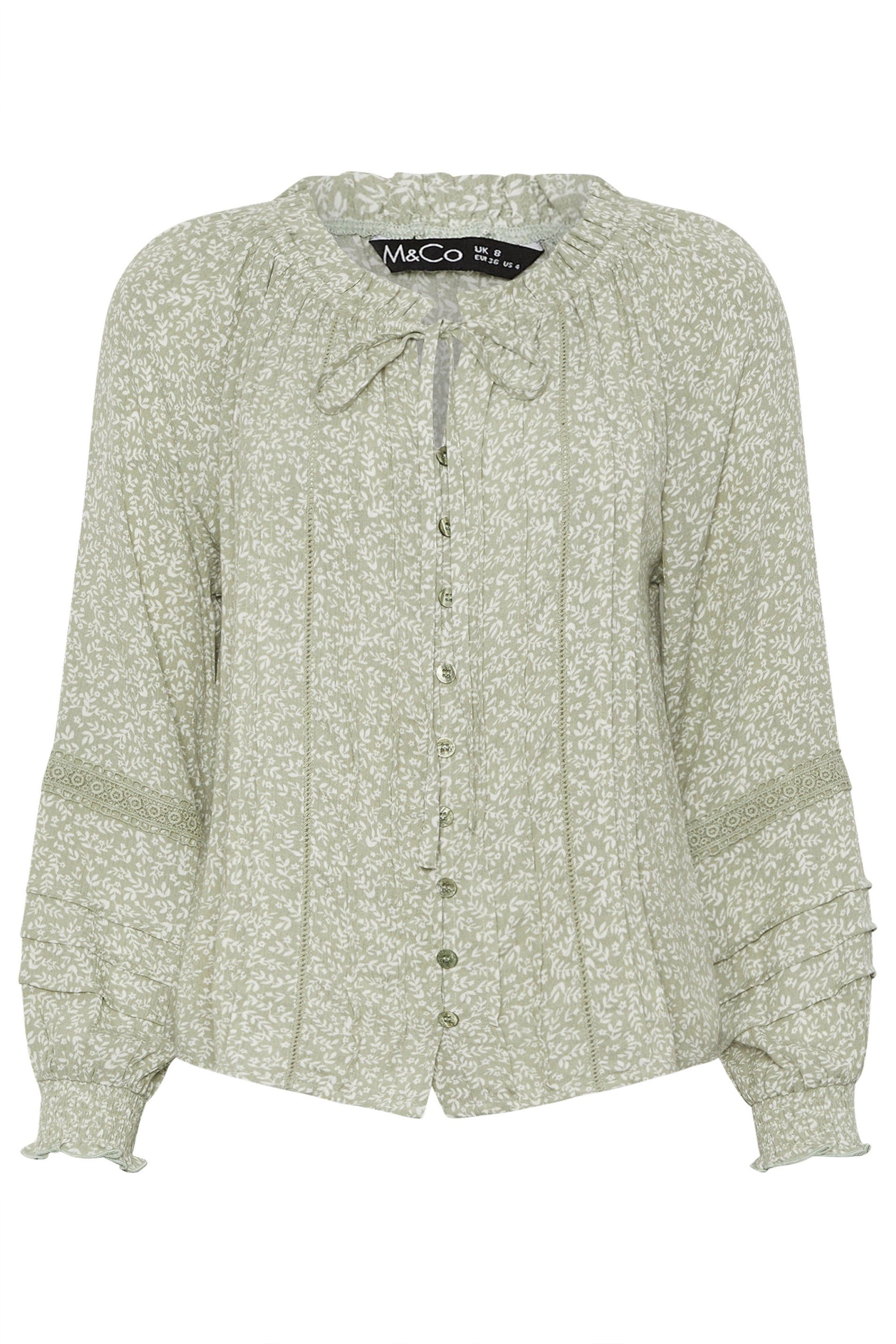 M&Co Petite Printed Tie Neck Blouse