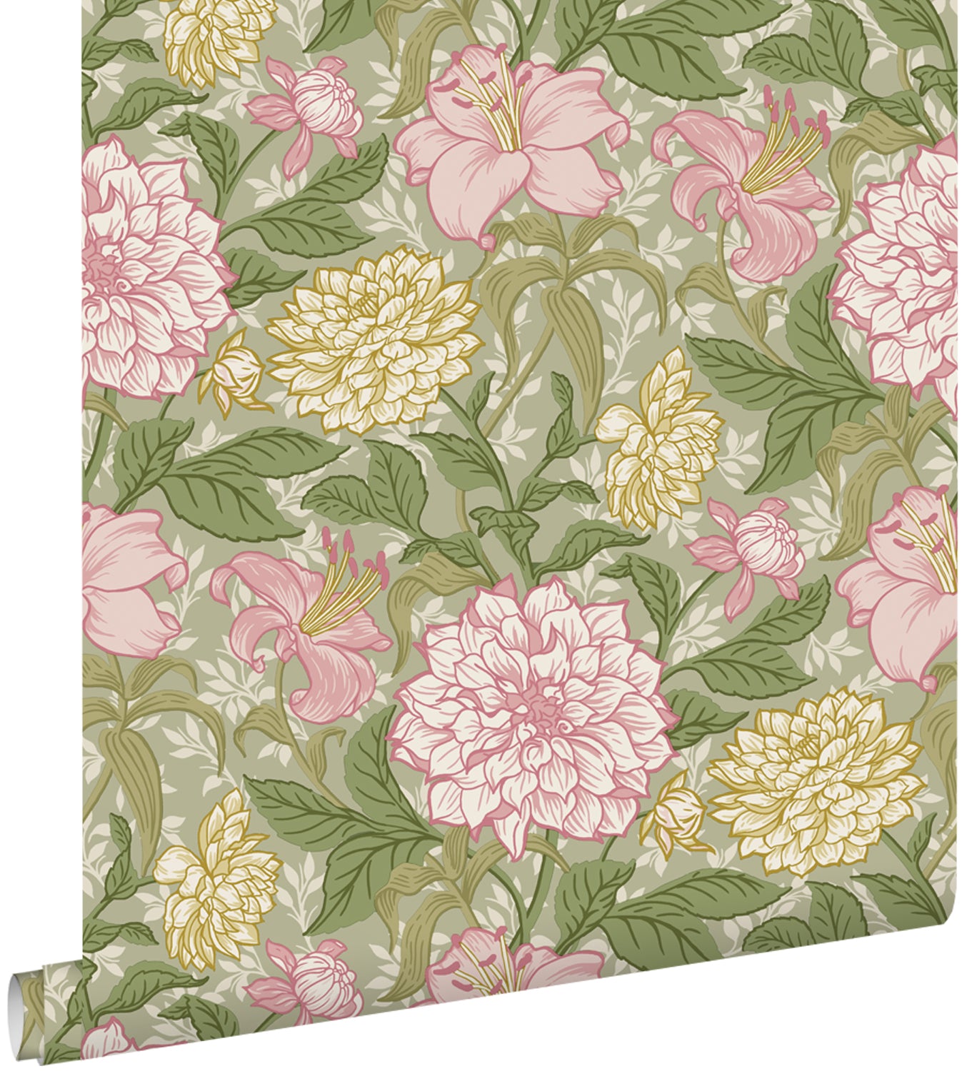 ESTAhome behang vintage bloemen paars, groen en geel - 50 x 900 cm - 131848