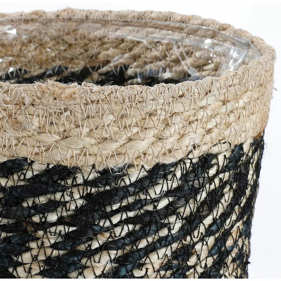 Mica Decorations Plantenmand - naturel met zwart - rotan - 14 x 14 cm