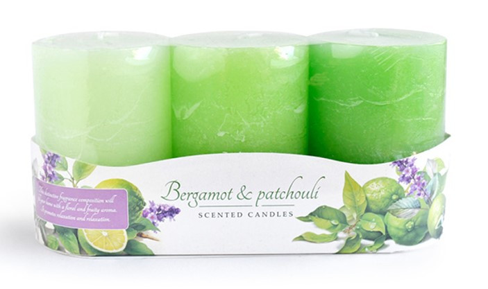 Świeca zapachowa FLORIS BERGAMOT&PATCHOULI walec 6x9cm parafinowa 3 sztuki
