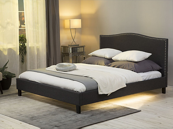 Lit avec sommier Tissu MONTPELLIER 180 x 200 cm LED Blanc