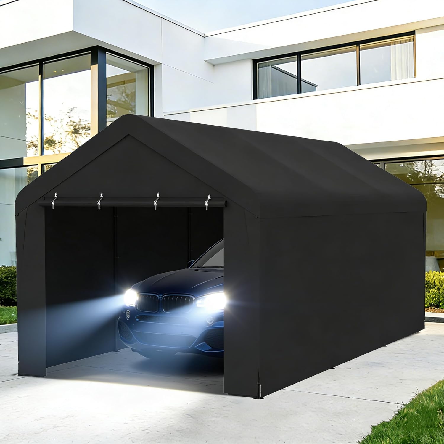 Carport 10 x 20 FT Heavy Duty, Portable Garage Canopy, Waterproof Car Canopy with Side-Opening Removable Door, Carport Canopy for Car, Truck, Boat, Equipment (Black)