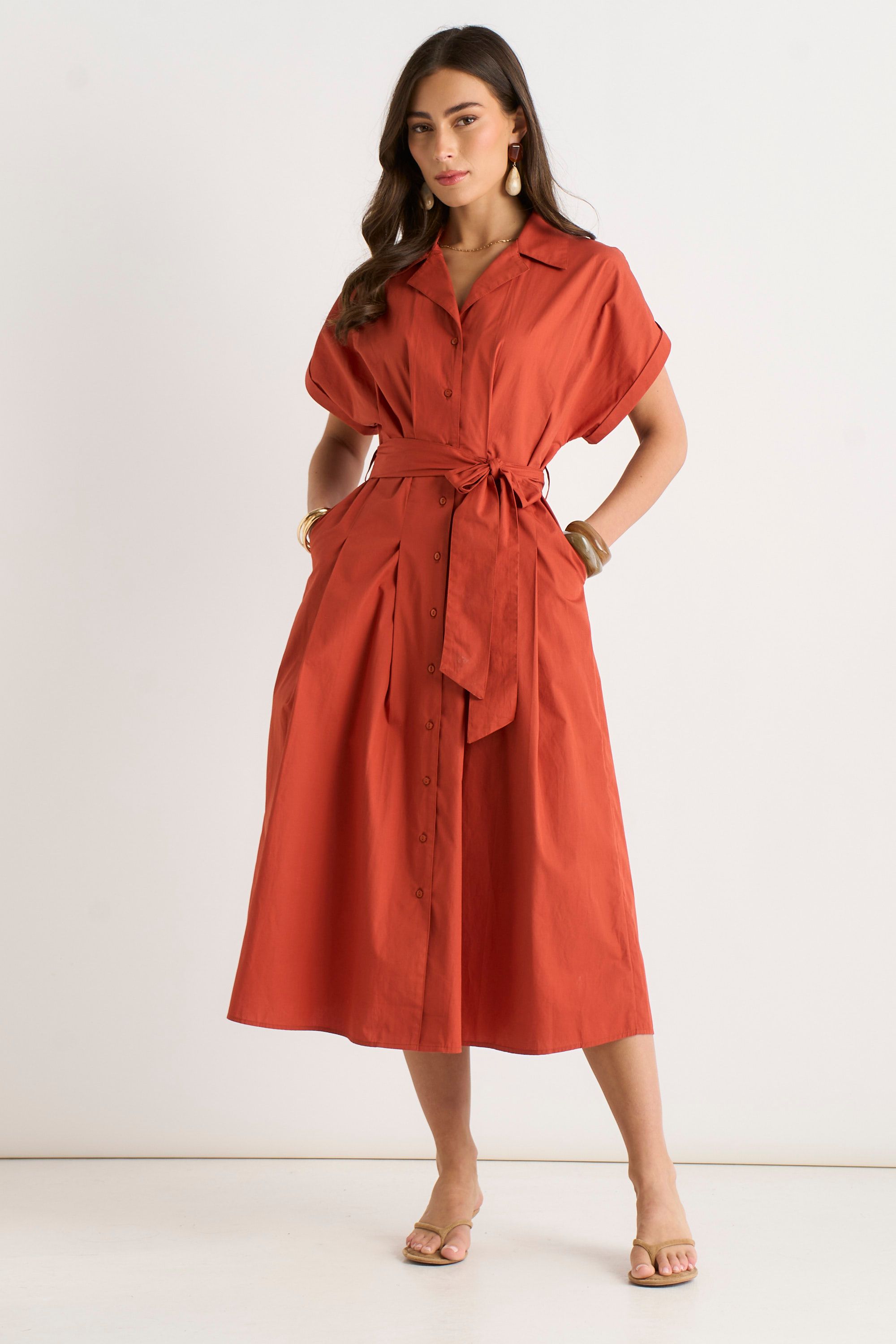 Gini London Rust Cotton Button Through Belted Shirt Dress
