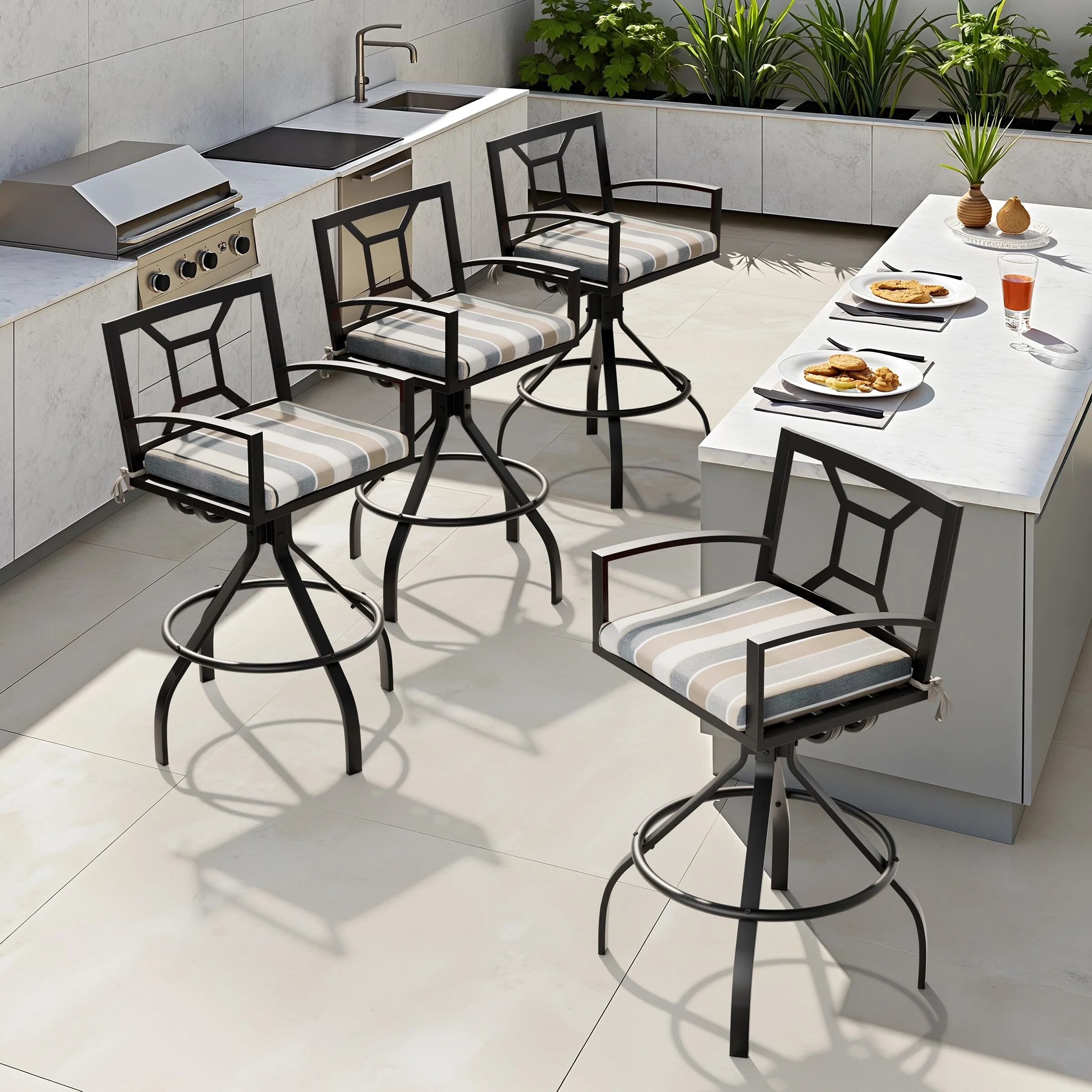 Outdoor Patio Aluminum Swivel Bar Stools with Sunbrella Fabric Cushion - 18.9 in W x 18.9 in D x 42.9 in H