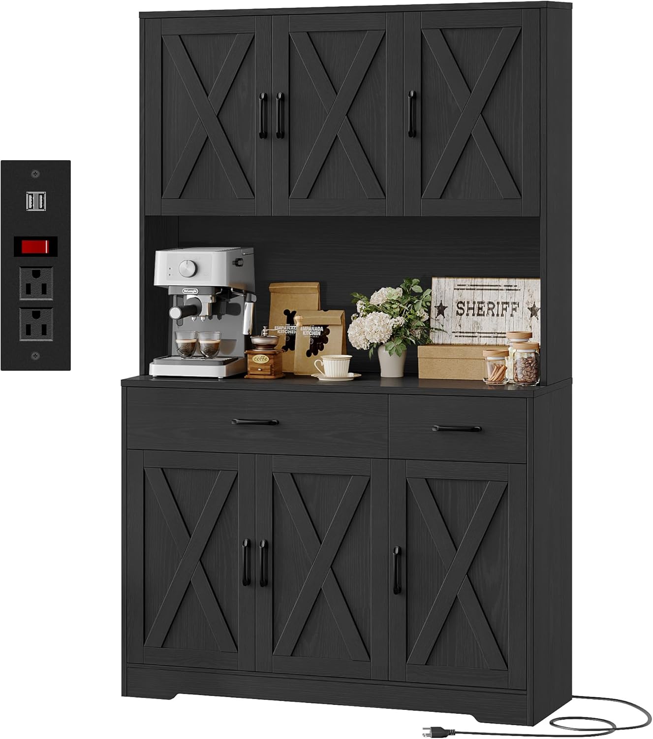 HOSTACK 71 Pantry Cabinet with Charging Station, Tall Kitchen Pantry Storage Cabinet with Microwave Stand, Farmhouse Kitchen Hutch with Storage Drawers for Living Room, Dining Room, Black Wood Grain
