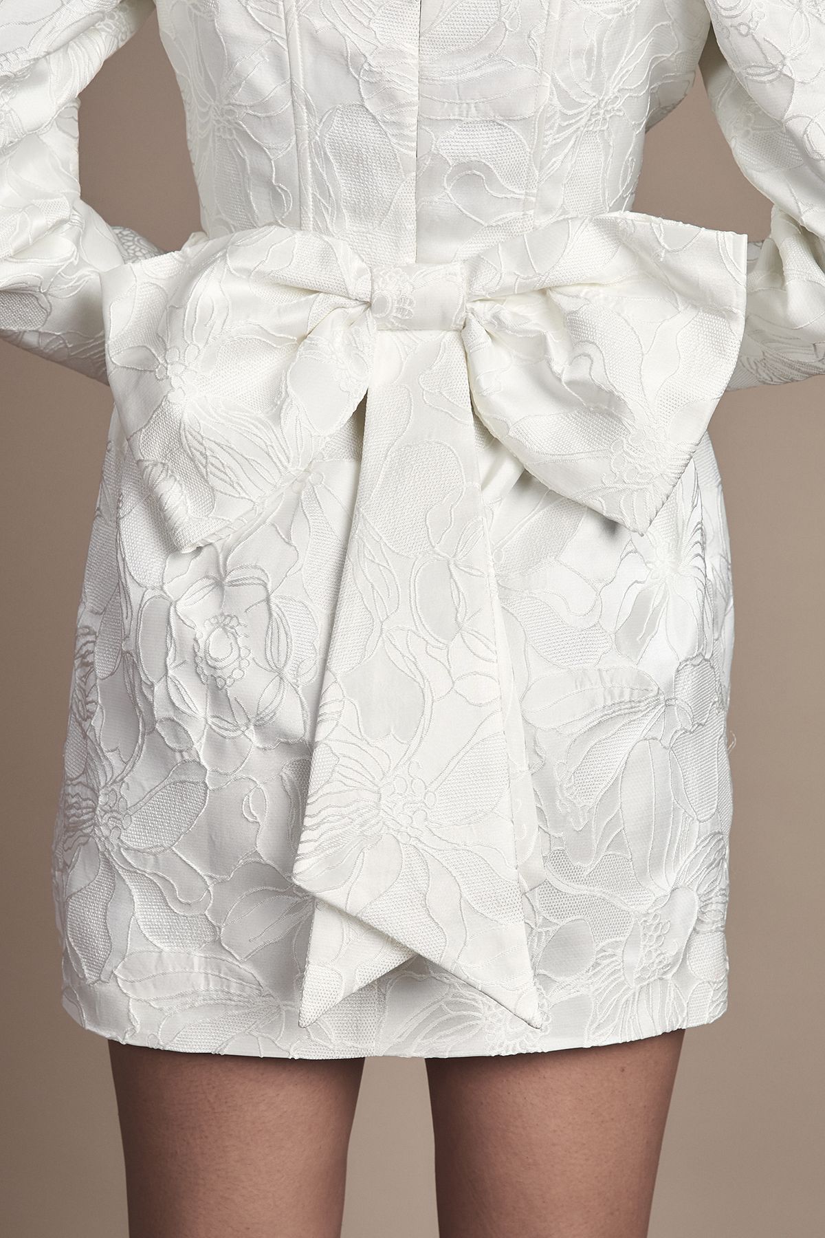 Coast Long Sleeve Square Neck Jacquard Mini Wedding Dress with Bow Detail