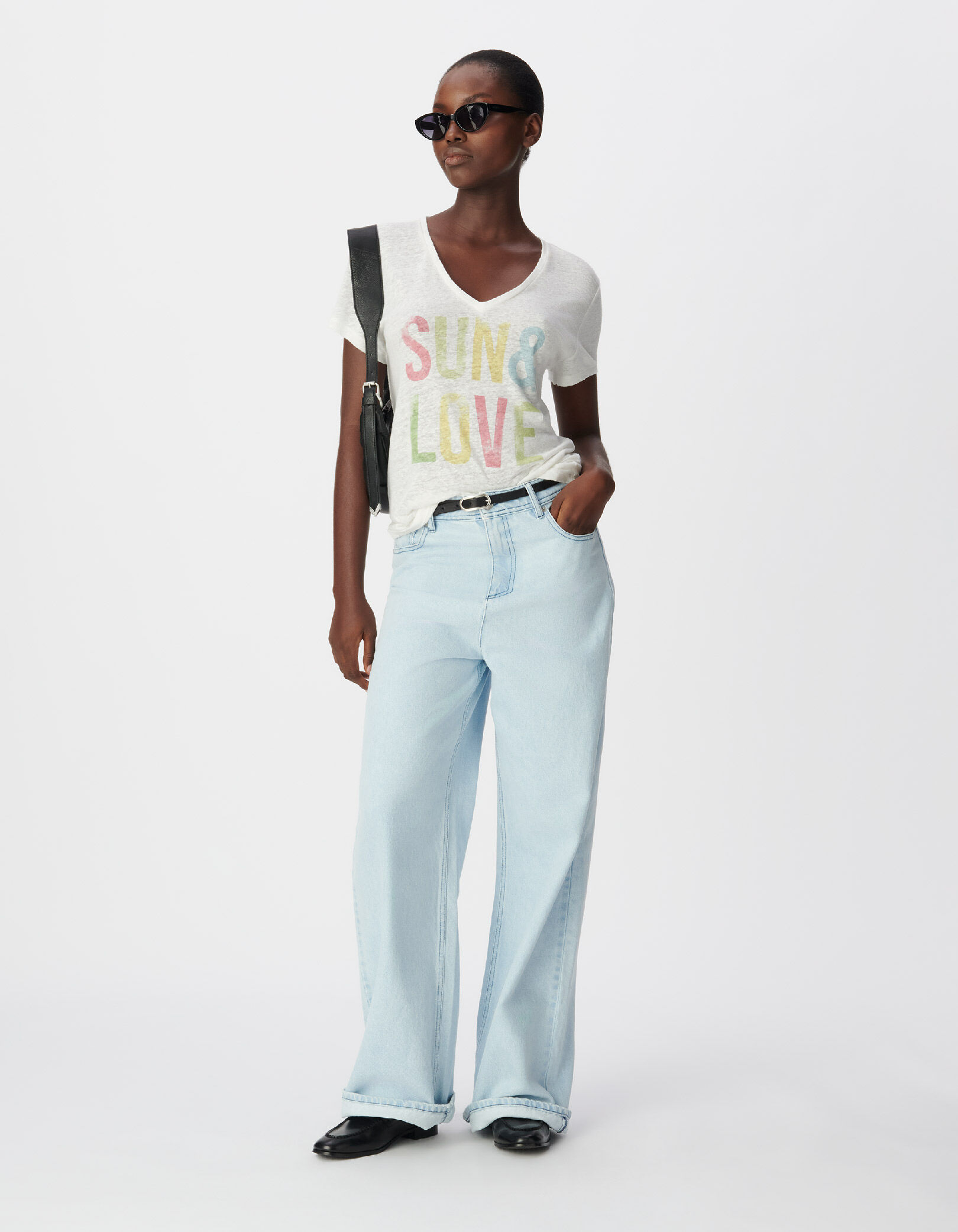 Tee-shirt col V blanc message couleur Femme