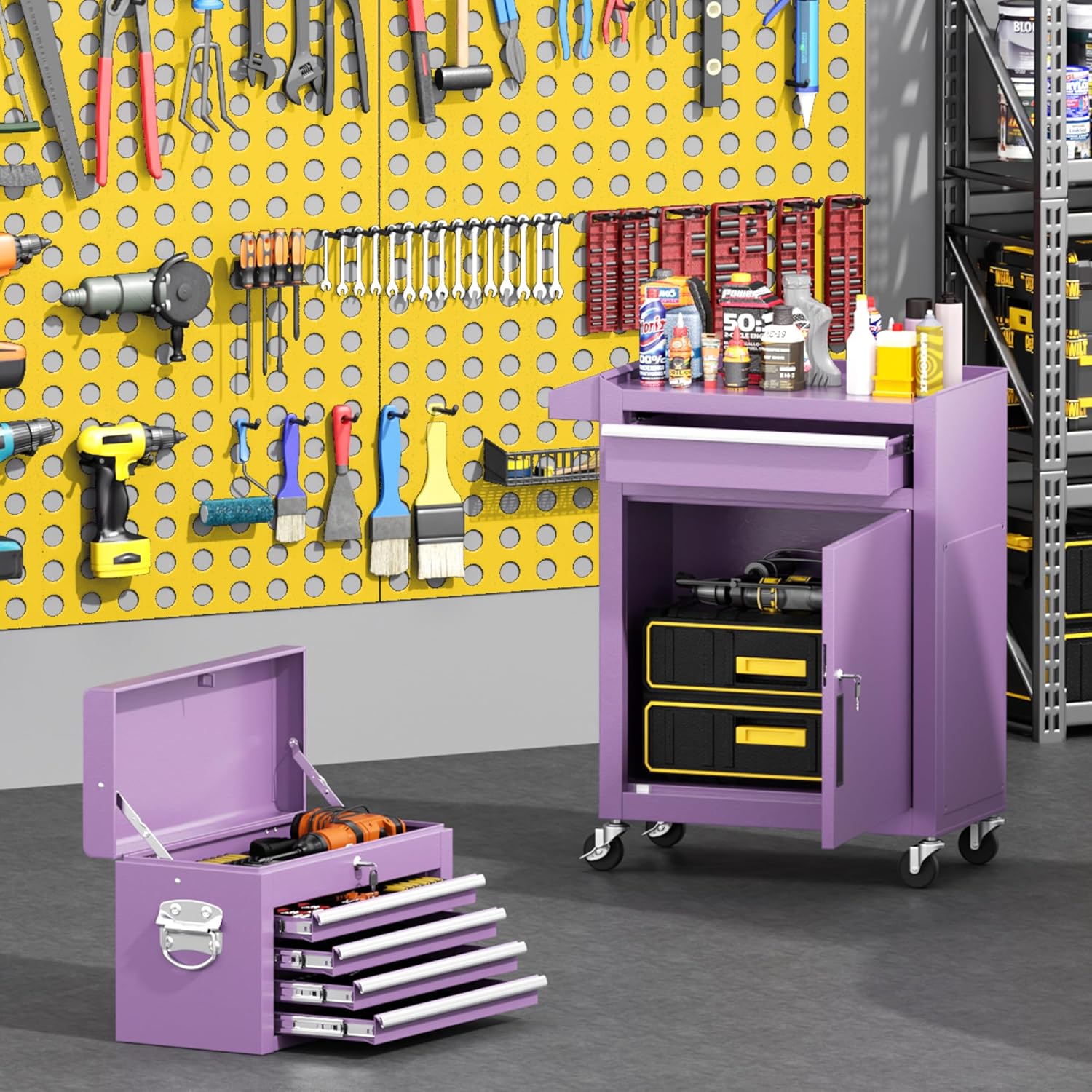 Greenvelly Tool Chest, 5-Drawer Rolling Tool Chest with Hooks and Lockable Wheels, Detachable Top Tool Box, Toolbox with Wheels, Rolling Tool Box for Mechanics Garage Workshop and Tool Room (Purple)