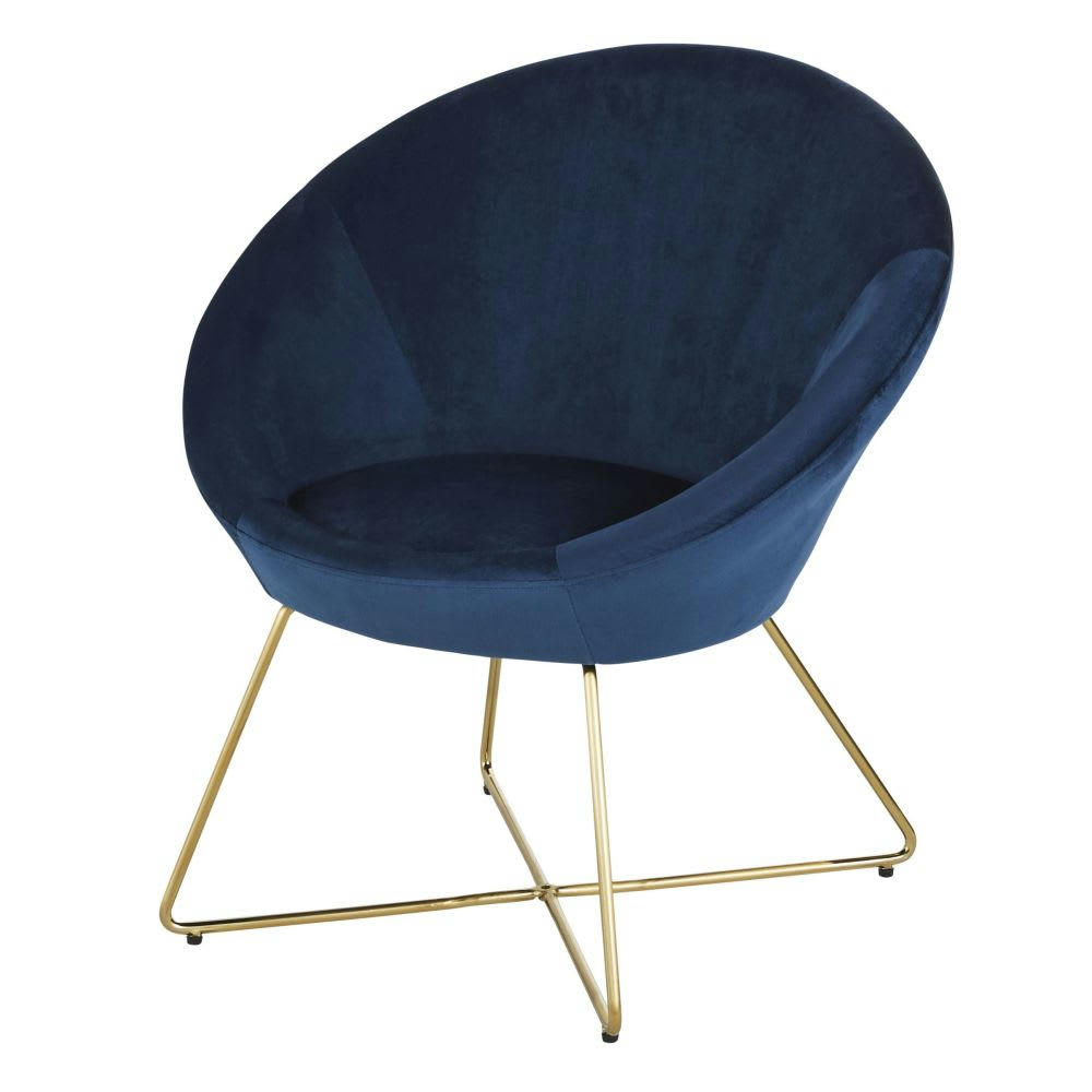 Hipop - Fauteuil en velours bleu et pieds en métal
