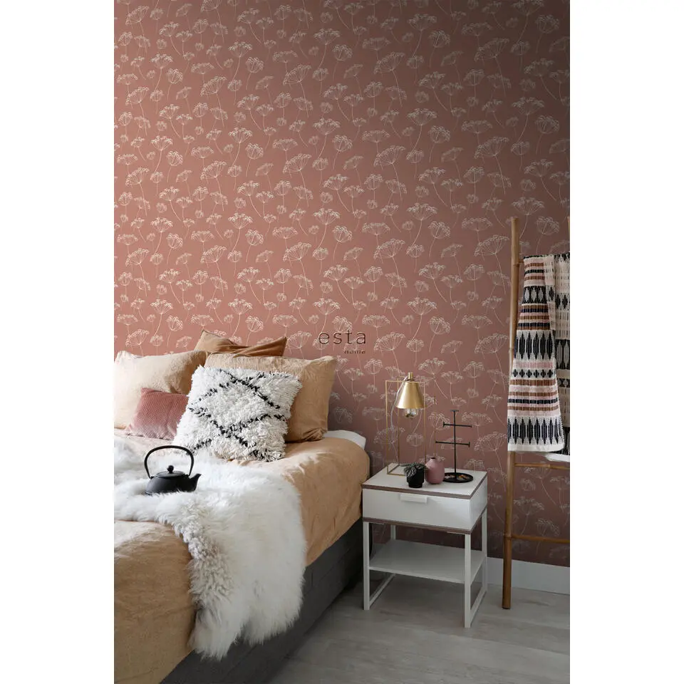 ESTAhome behang schermbloemen terracotta en wit - 53 cm x 10.05 m