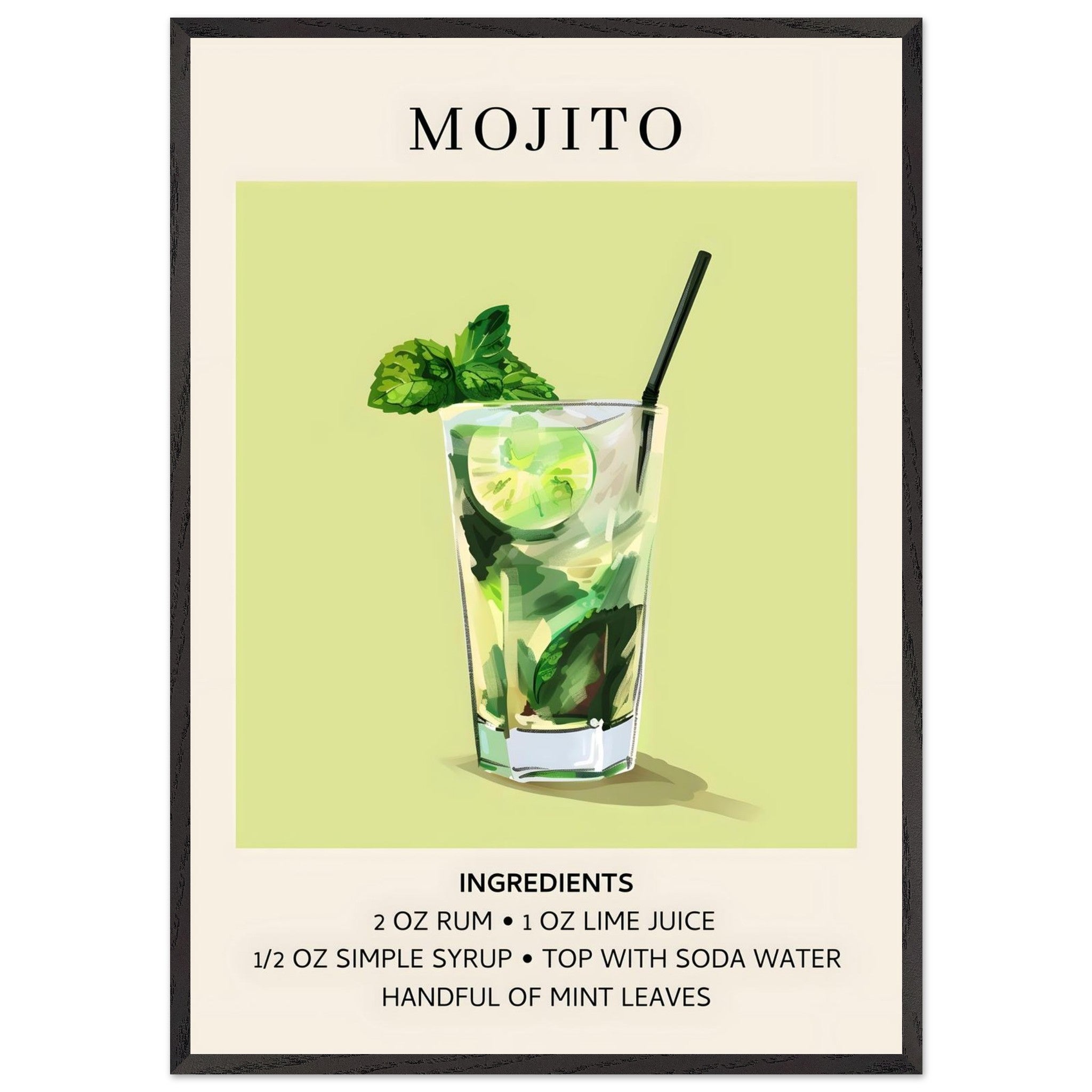 Artfulprints Poster met Lijst Mojito cocktail - Ingrediënten  - 70x100 cm - Groen