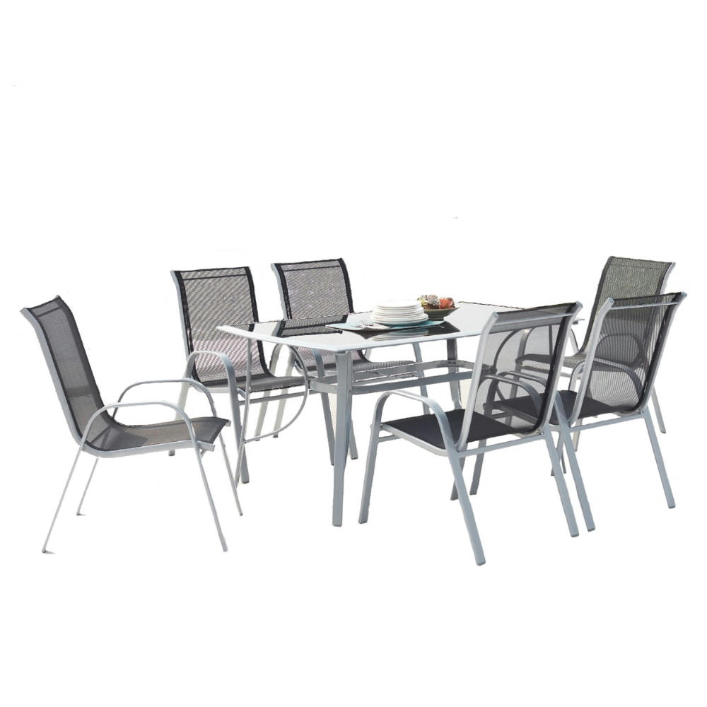 ALASSIO - Table de jardin et 6 chaises en aluminium et acier gris