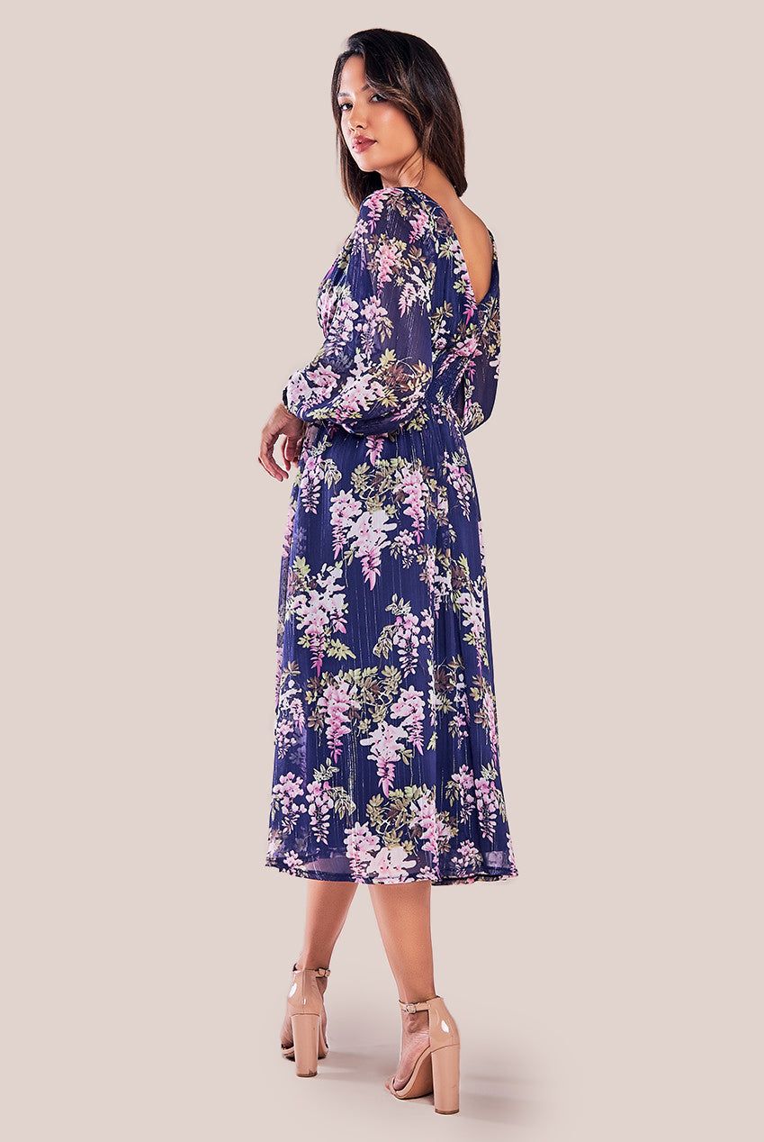 Goddiva Printed Lurex Chiffon Long Sleeve Midi Dress