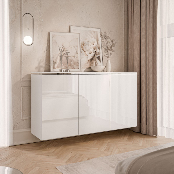 Komoda trzydrzwiowa AURORA SILVER 3D, biały połysk, wisząca