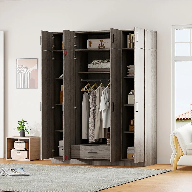 Modern Bedroom Wardrobe with 4 Doors and Top Cabinet, Freestanding Armoire Closet with Hanging Rod, 1 Drawer and Storage Shelves