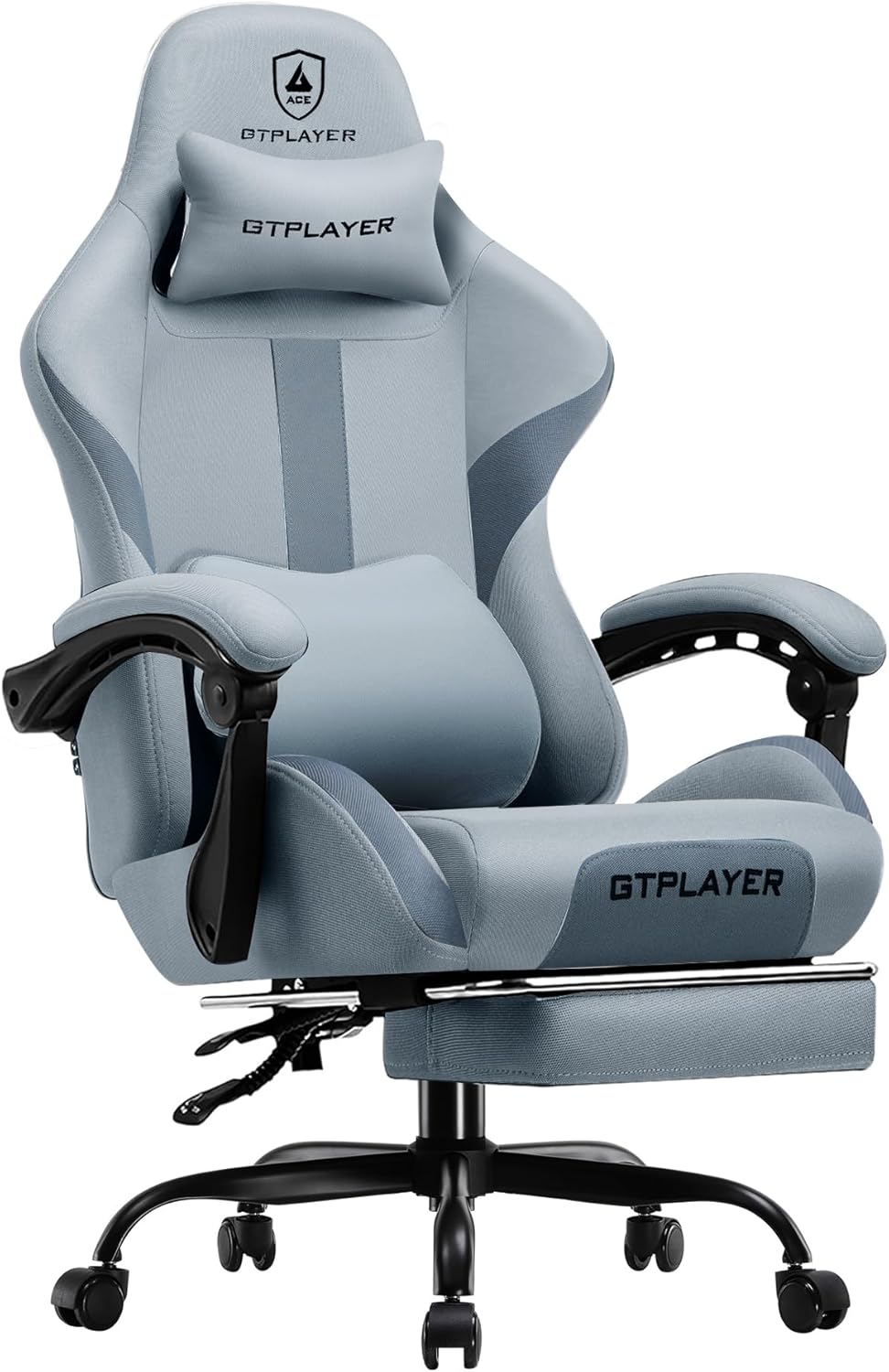 GTPLAYER Gaming Chair with Foot Rest & Pocket Spring Cushion, Breathable Fabric for Home Office Desk, Ergonomic High Back Computer Chair with Headrest & Lumbar Support, Blue/Gray