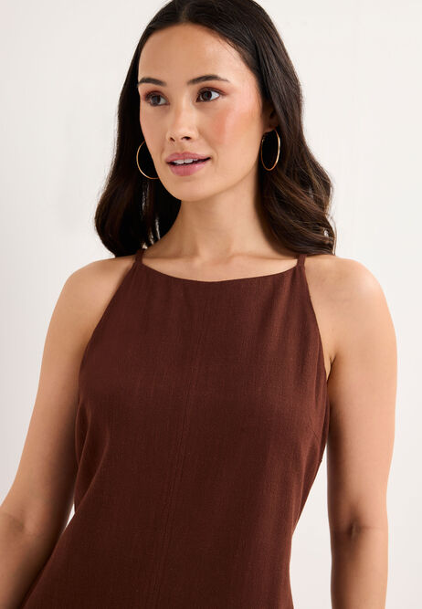 Womens Chocolate Brown Linen Blend Shift Dress