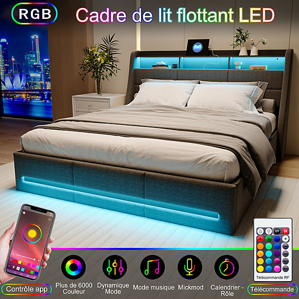 Lit 140x190 avec Sommier LED et USB, Lit Coffre avec Rangement et Tete de Lit, Gris