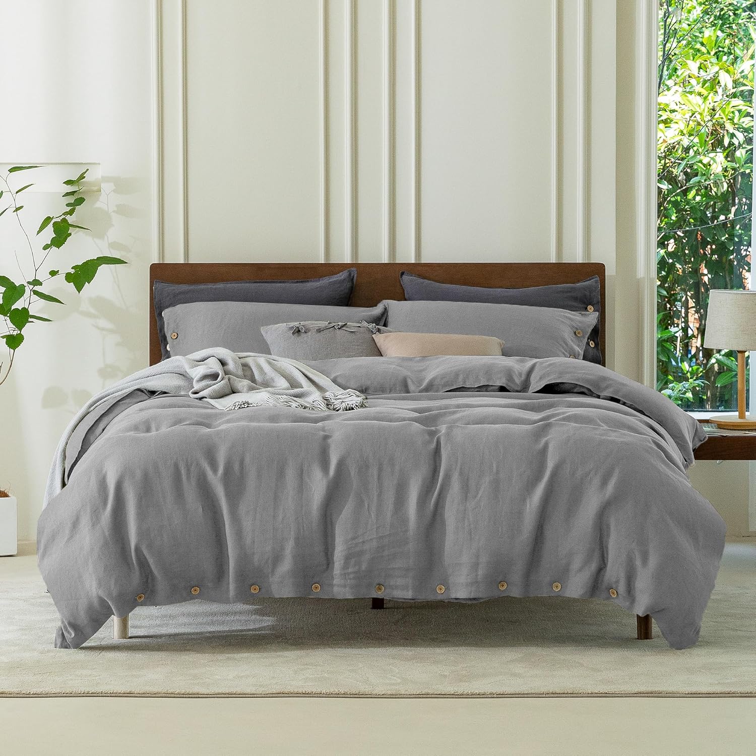 EVERLY 100% Pure Linen Duvet Cover Set Queen Size 90X90Inch 3pcs (1 Duvet Cover,2 Pillowcases) Soft and Breathable for All Season with Coconut Button Closure, Suitable for Hot Sleepers-Grey