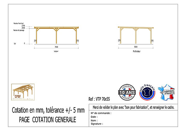 Carport toit plat 700cmx550cm Bois DOUGLAS Français label PEFC(Charpente - Auvent - Abri voiture) surface 39 m²