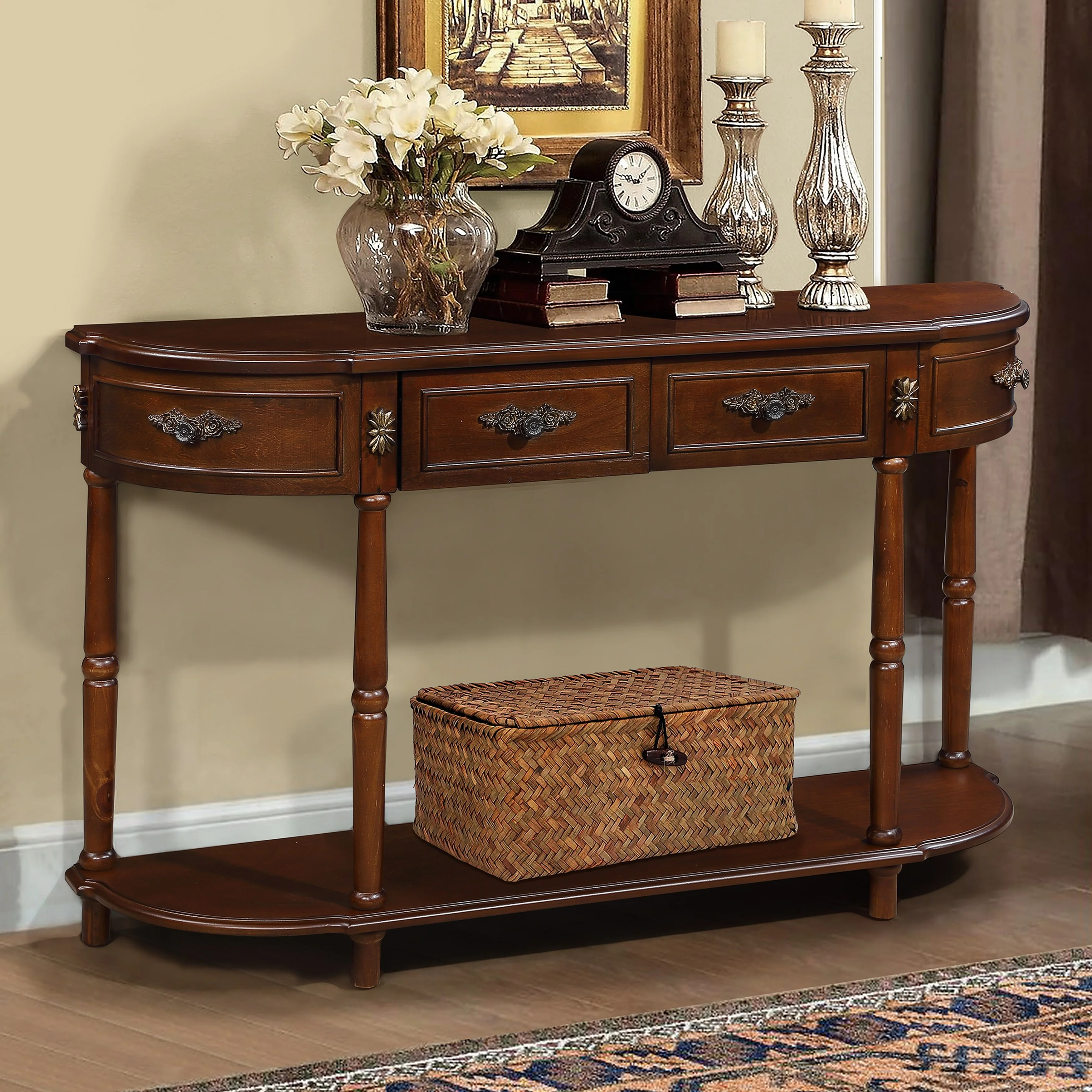 Retro Curved Wood Console Table, 52 inch Circular Half Moon Sofa Table with Open Shelf and 2 Drawers