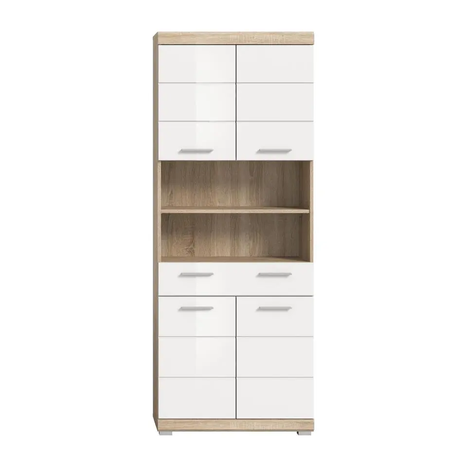Hioshop Lambada kolomkast 4 deuren- 1 lade- 2 planken wit hoogglans- eiken