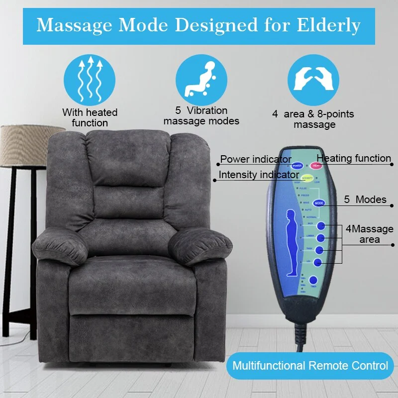 Power Lift Recliner Chair with Massage and Heat, USB Port, Side Pocket, Overstuffed Backrest