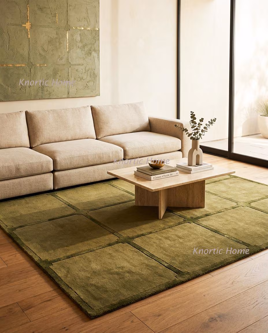 Olive Green Hand Tufted Grid Pattern Rug | Contemporary Handmade Wool Carpets | 8x10 9x12 10x14 Custom Size Rugs For Living Dining Bedroom