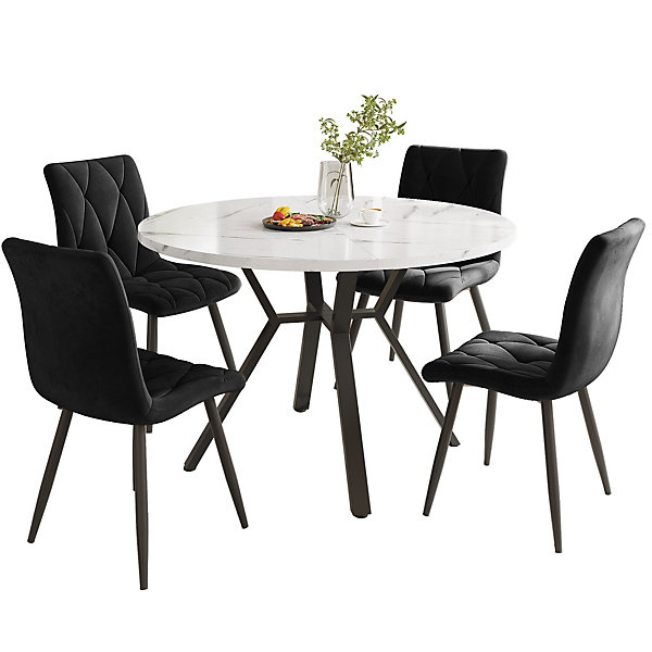 Ensemble table ronde 100x75 cm avec 4 chaises velours, plateau MDF effet marbre et structure métal noir