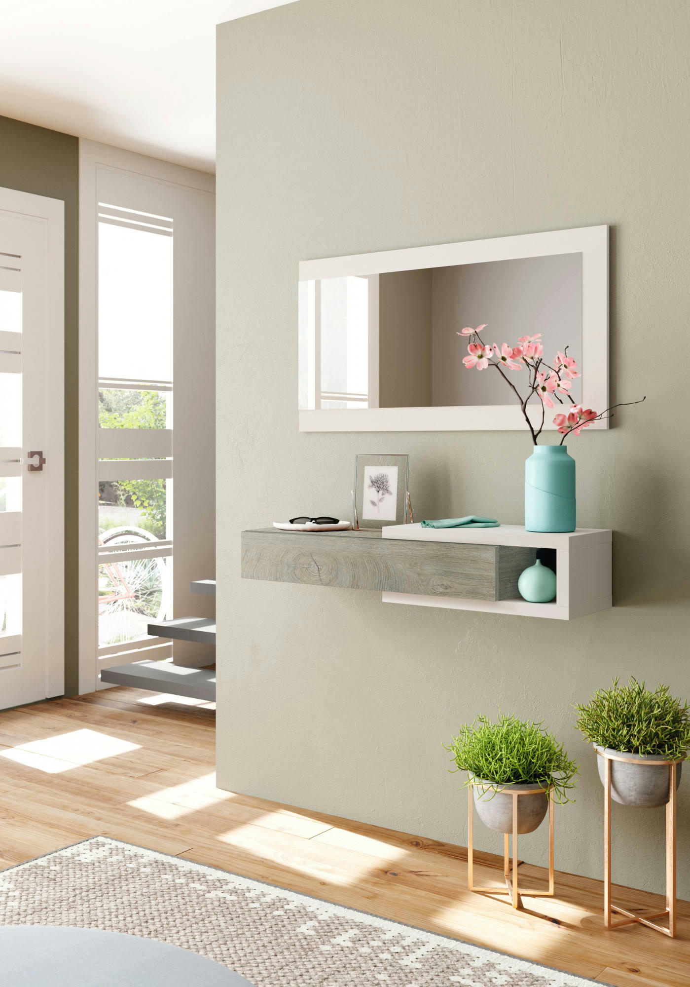 MCALLEN - Meuble d'entrée avec miroir effet bois blanc et chêne