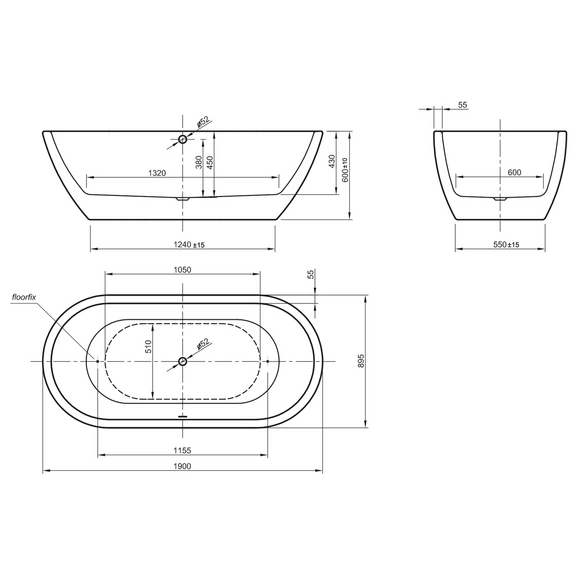 Freistehende Badewanne »Carney«, BxHxL: 89,5 x 60 x 190 cm, oval