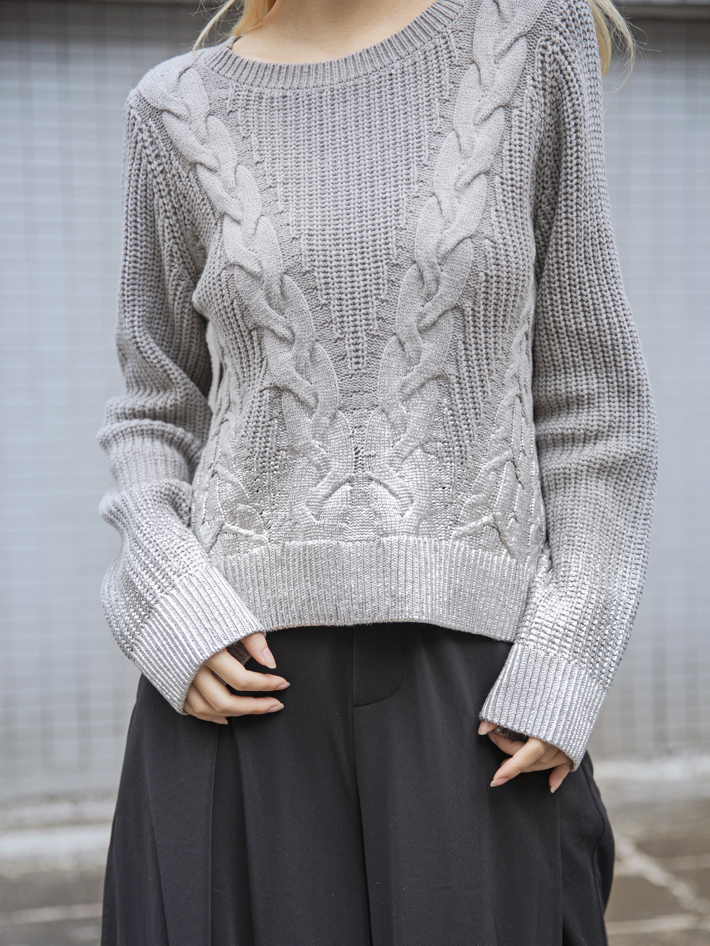 Metallic foil print cable -knit sweater - 25WRT237X