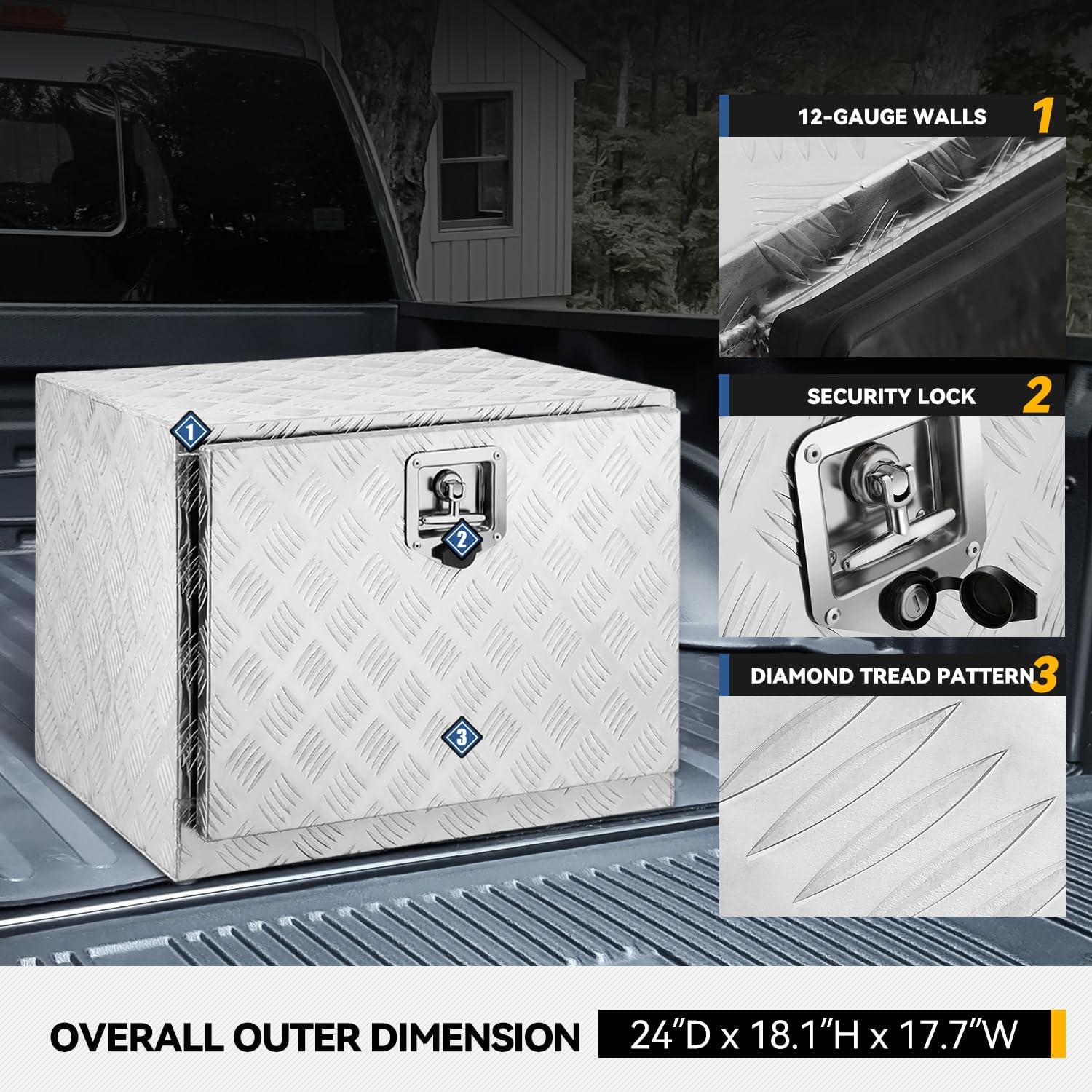Underbody Truck Box, 24'' D x 17.7W x 18.1H Pickup Storage Box, Heavy Duty Aluminum Diamond Plate Tool Box with Lock and Keys, Waterproof Trailer Storage Box with T-Handle Latch - Silver