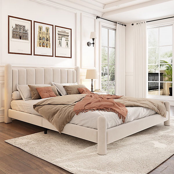Lit Double Capitonné 160x200 cm en Velours avec Pieds Cylindriques, Design Classique, Beige, Sans Matelas