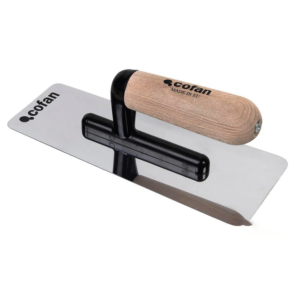 Cofan stainless steel Burnish-Free Polished Trowel with Wooden Handle 240x100x0.6 mm