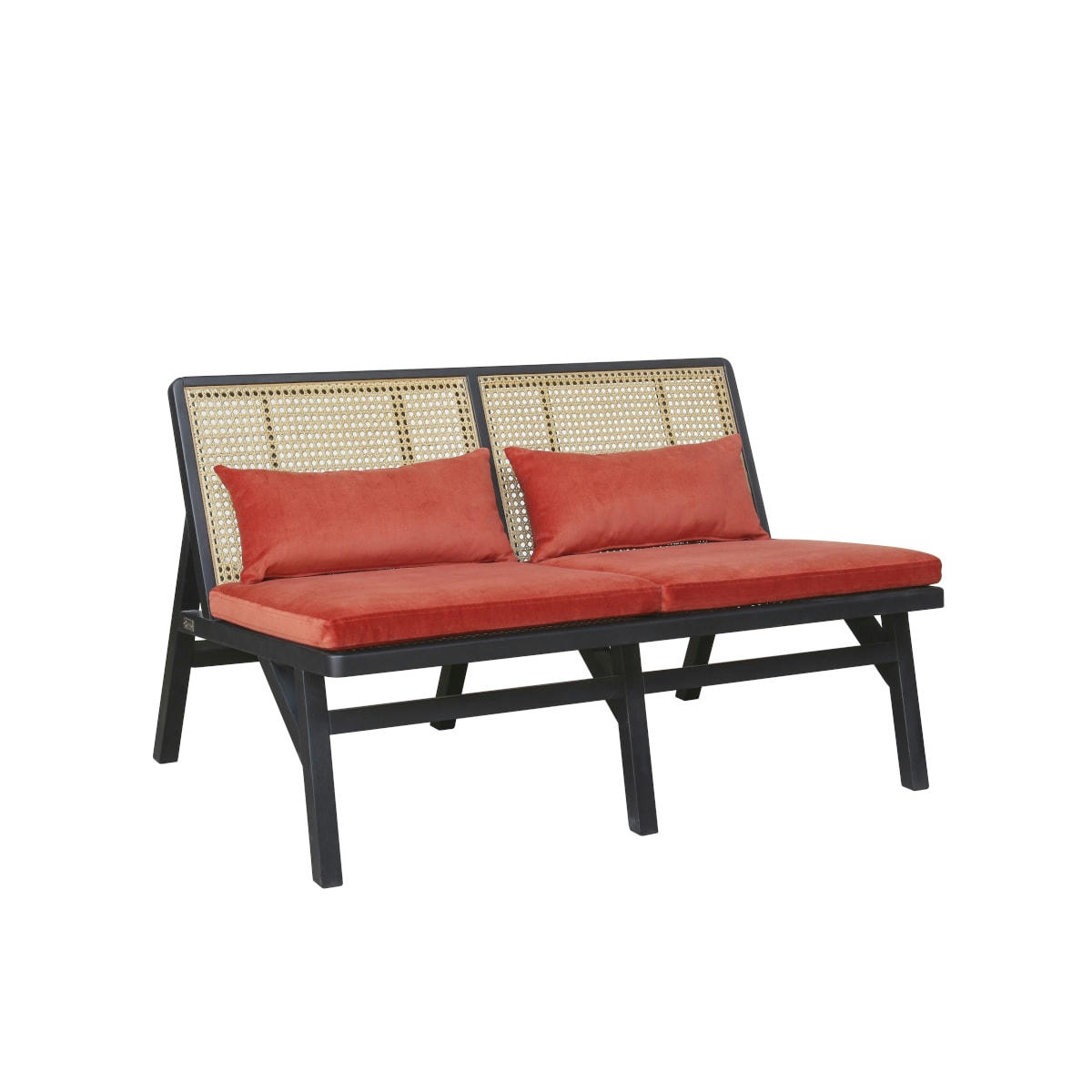 LALALA - Banquette chêne laqué noir cannage et velours 2 places brique