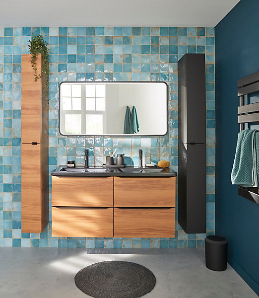 Meuble vasque suspendu effet noyer l.120 cm Imandra   plan double vasque noir céramique Nira, GoodHome