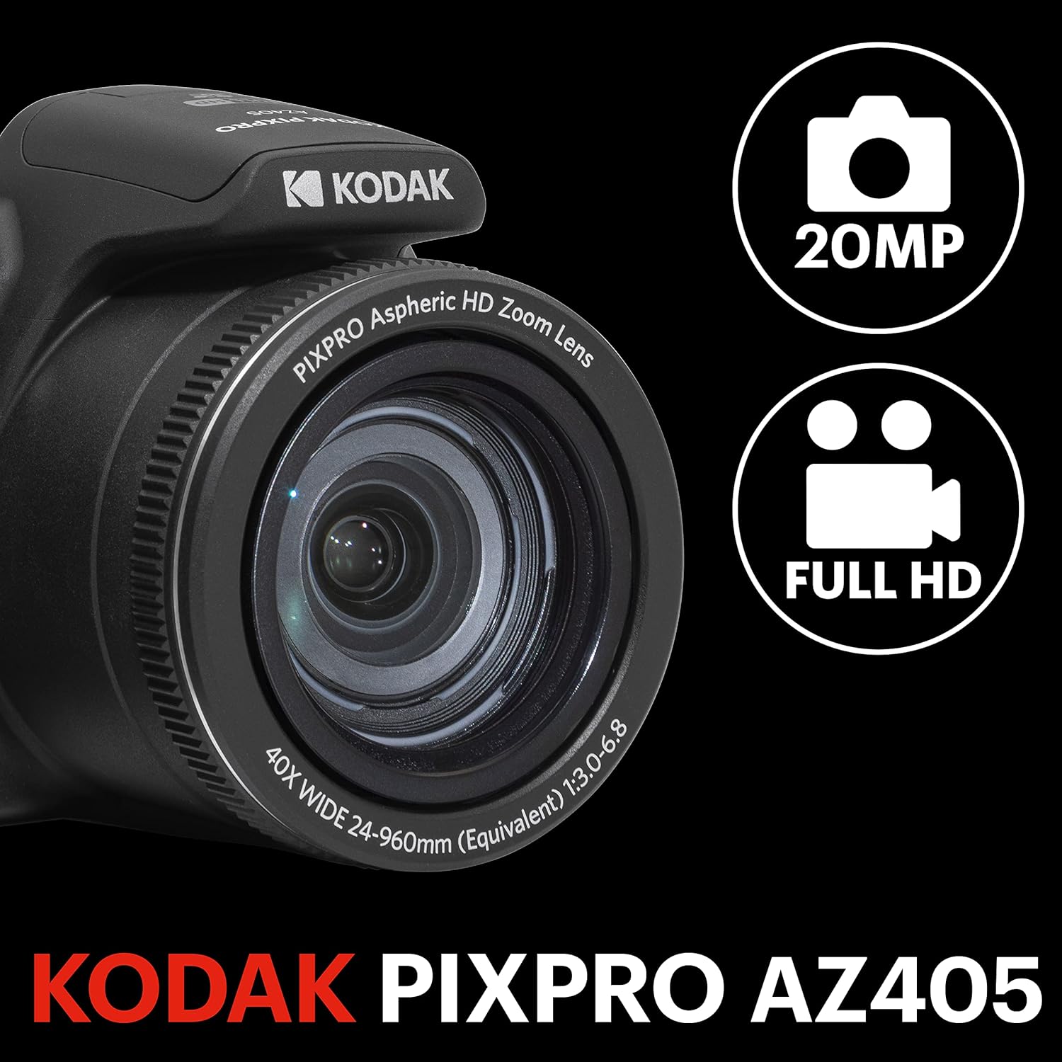 Kodak PIXPRO AZ405-BK 20MP Digital Camera  40X Zoom  24mm Wide Angle Lens  Image Stabilization  1080p Full HD Video  3 LCD  Black