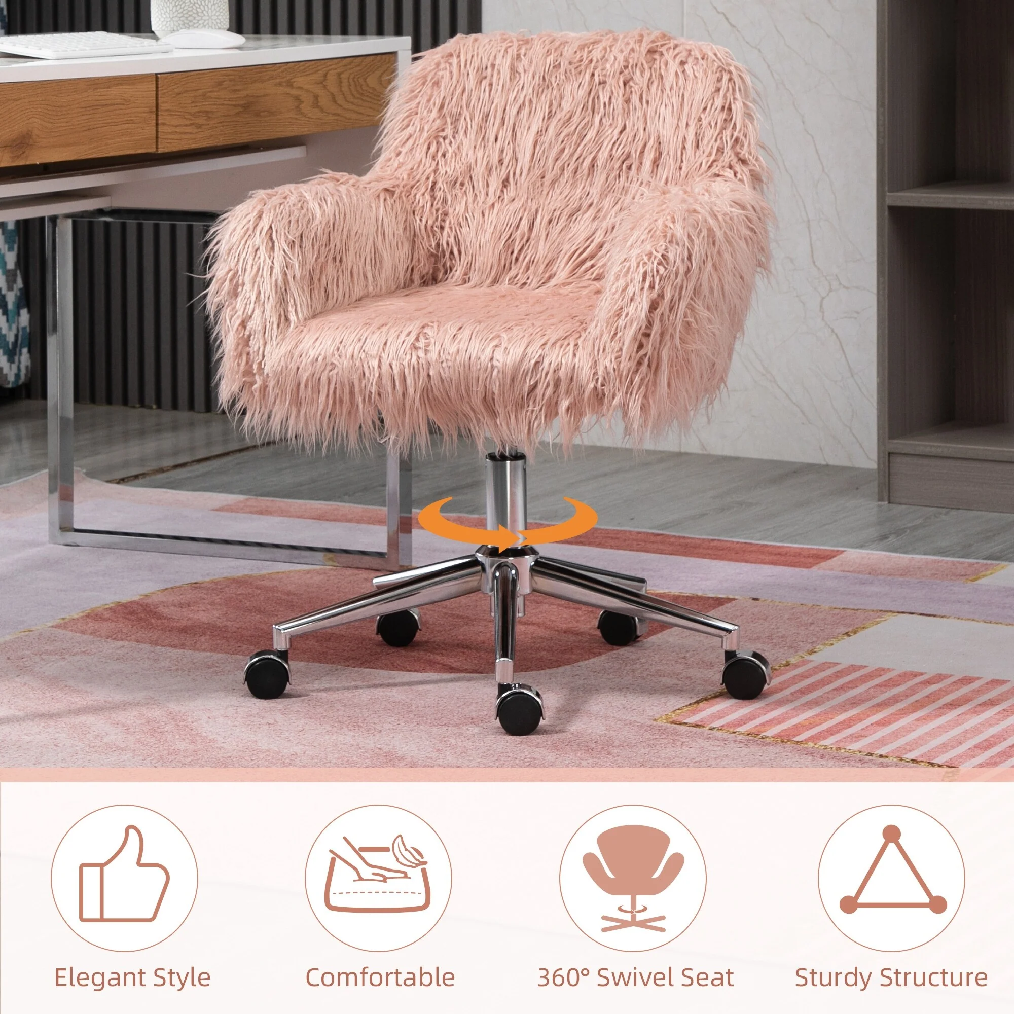 Faux Fur Home Desk Chair, Swivel Vanity Chair with Wheels, Fluffy Armchair with Adjustable Height, Ergonomic Computer Chair