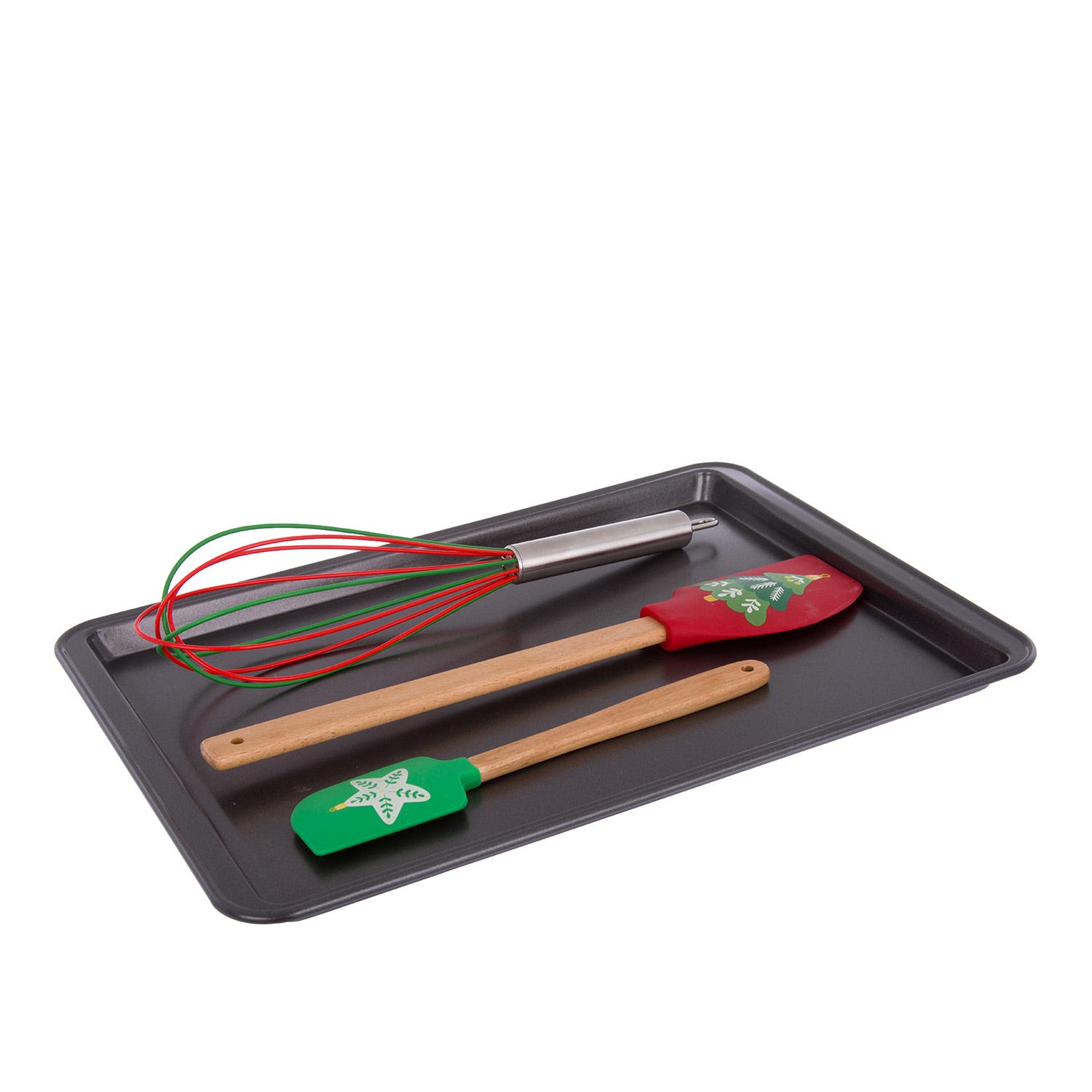 Set teglia biscotti, frusta e 2 spatole natalizie