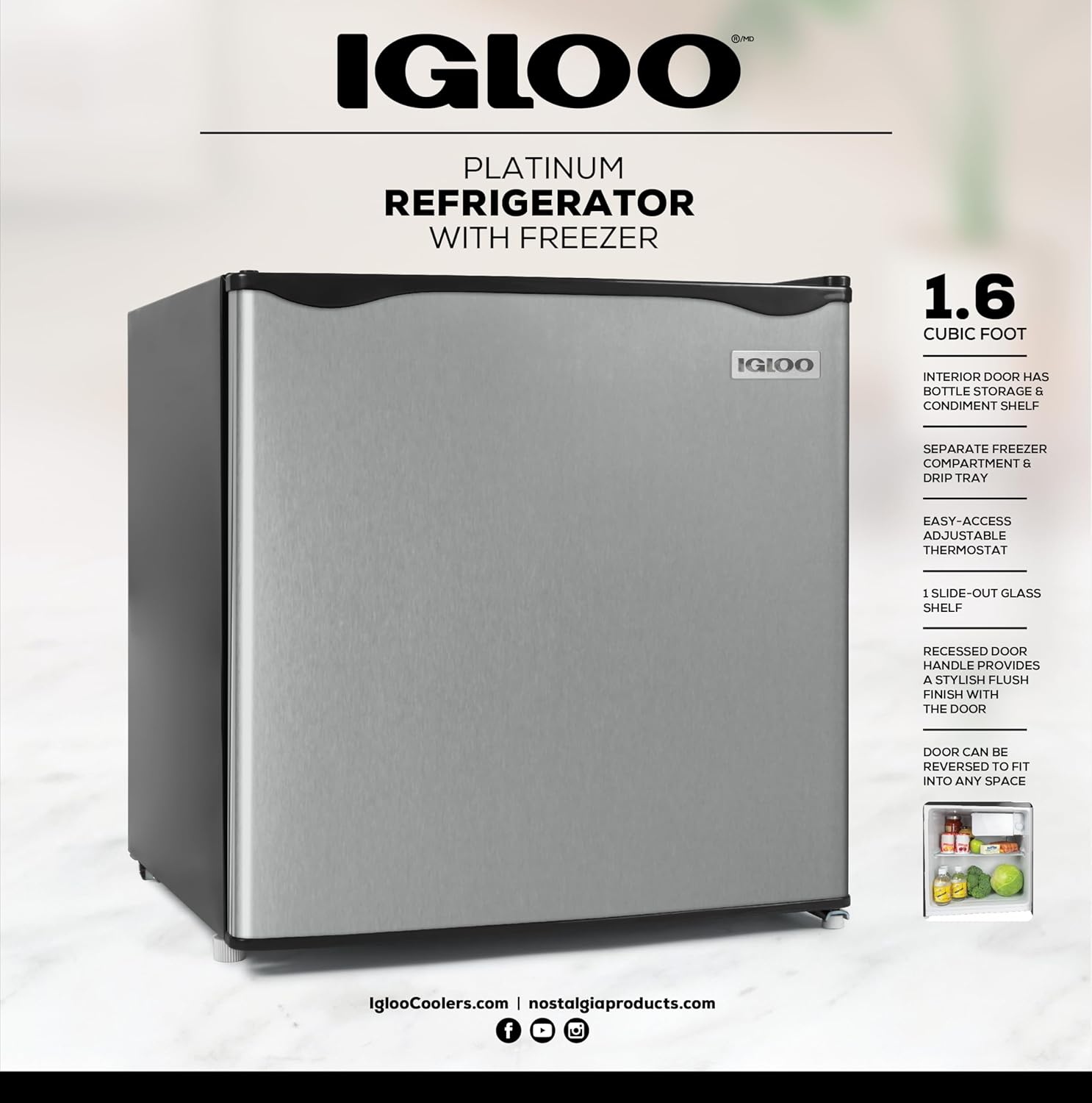 Igloo 1.6 Cu.Ft Mini Fridge with Freezer - Single Door Compact Refrigerator with Glass Shelves for Homes, Dorms & Offices - Keep Drinks & Frozen Foods Cool with Temperature Control Fridge - Platinum