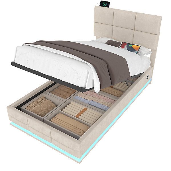 Lit velours 90x200 cm, tête réglable, USB/Type-C, LED, hydraulique, rangement XXL - beige