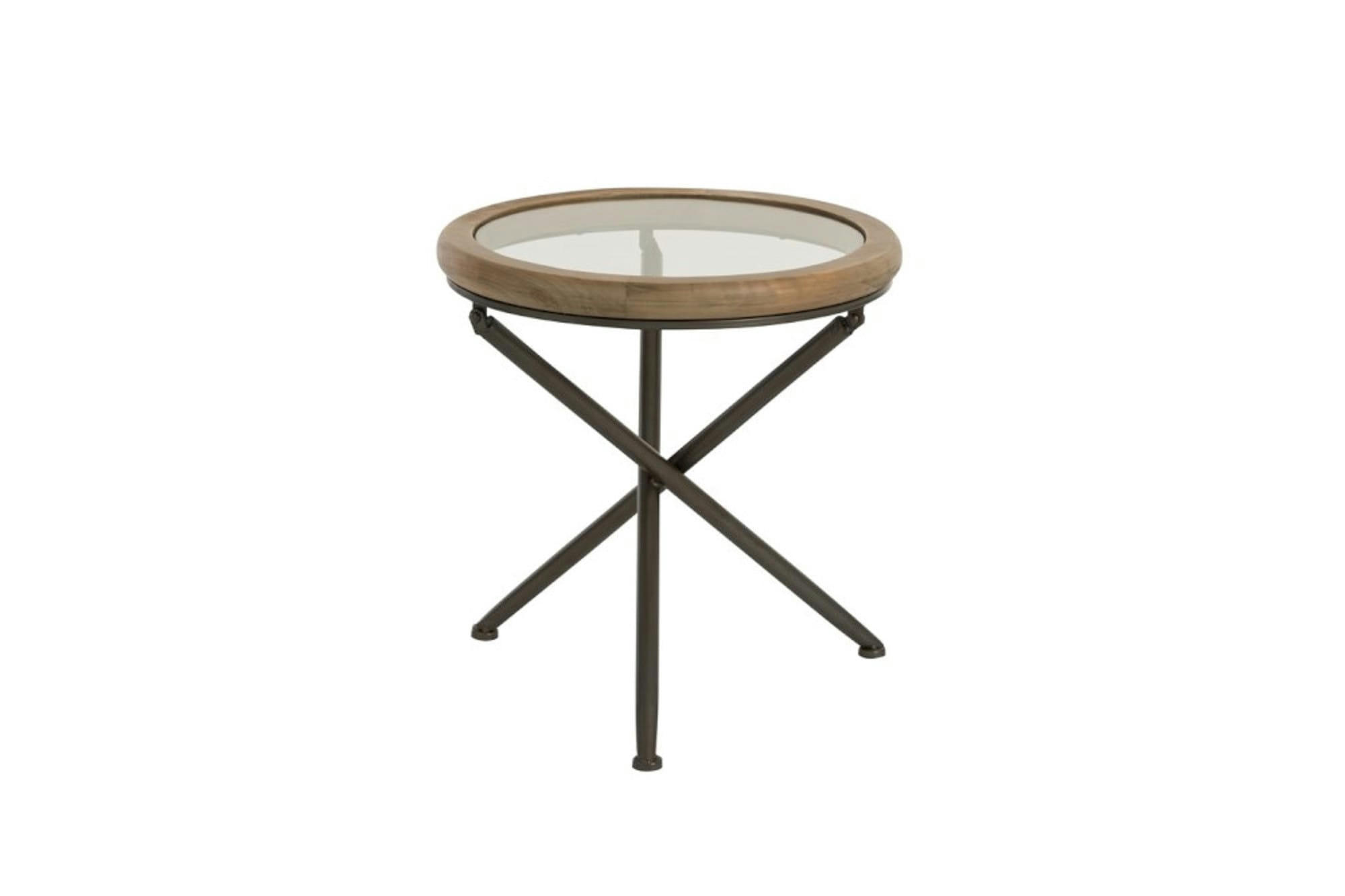 LYRE - Bout de canapé rond avec plateau en verre et bois D50