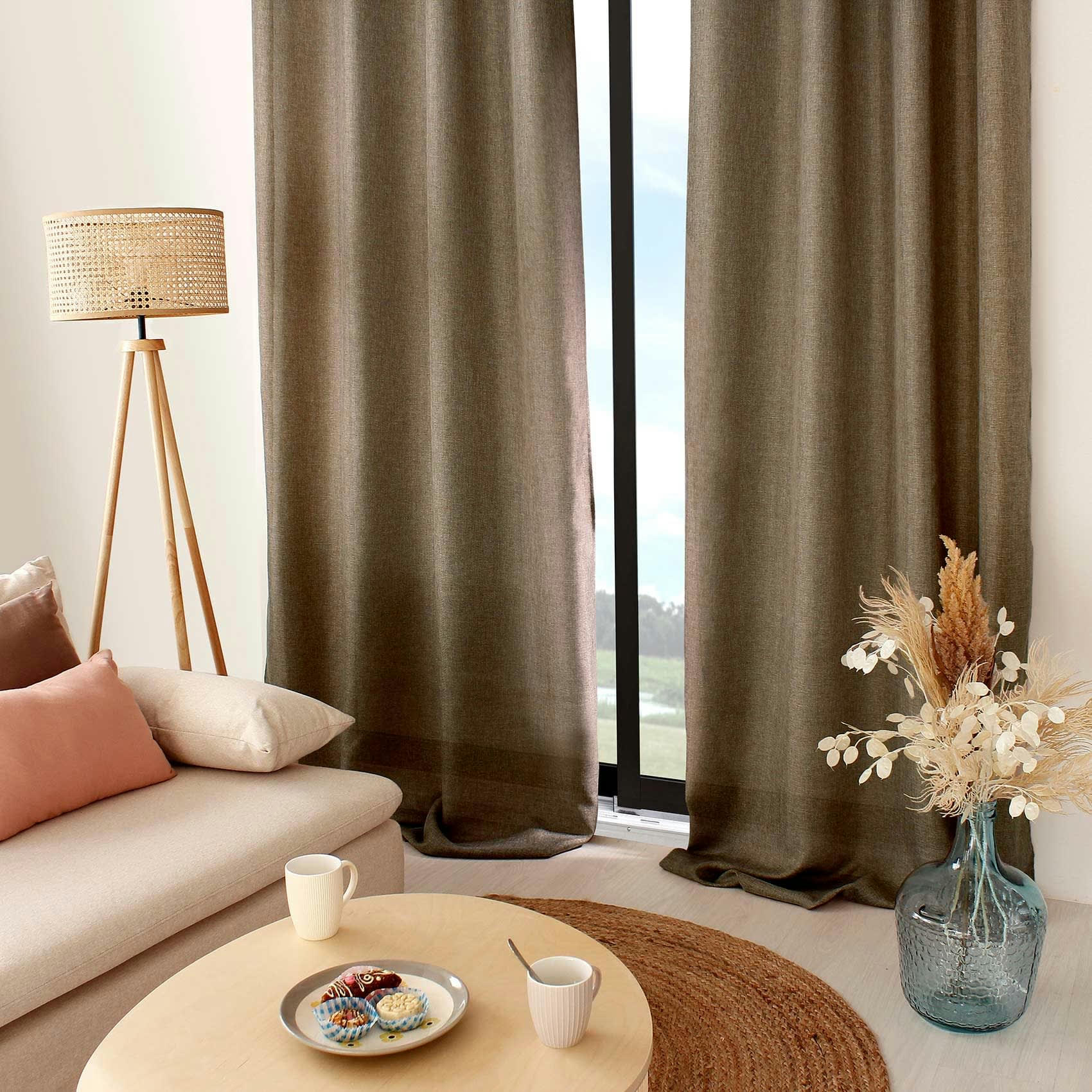 - Rideau uni avec œillets ronds polyester taupe 140x260 cm