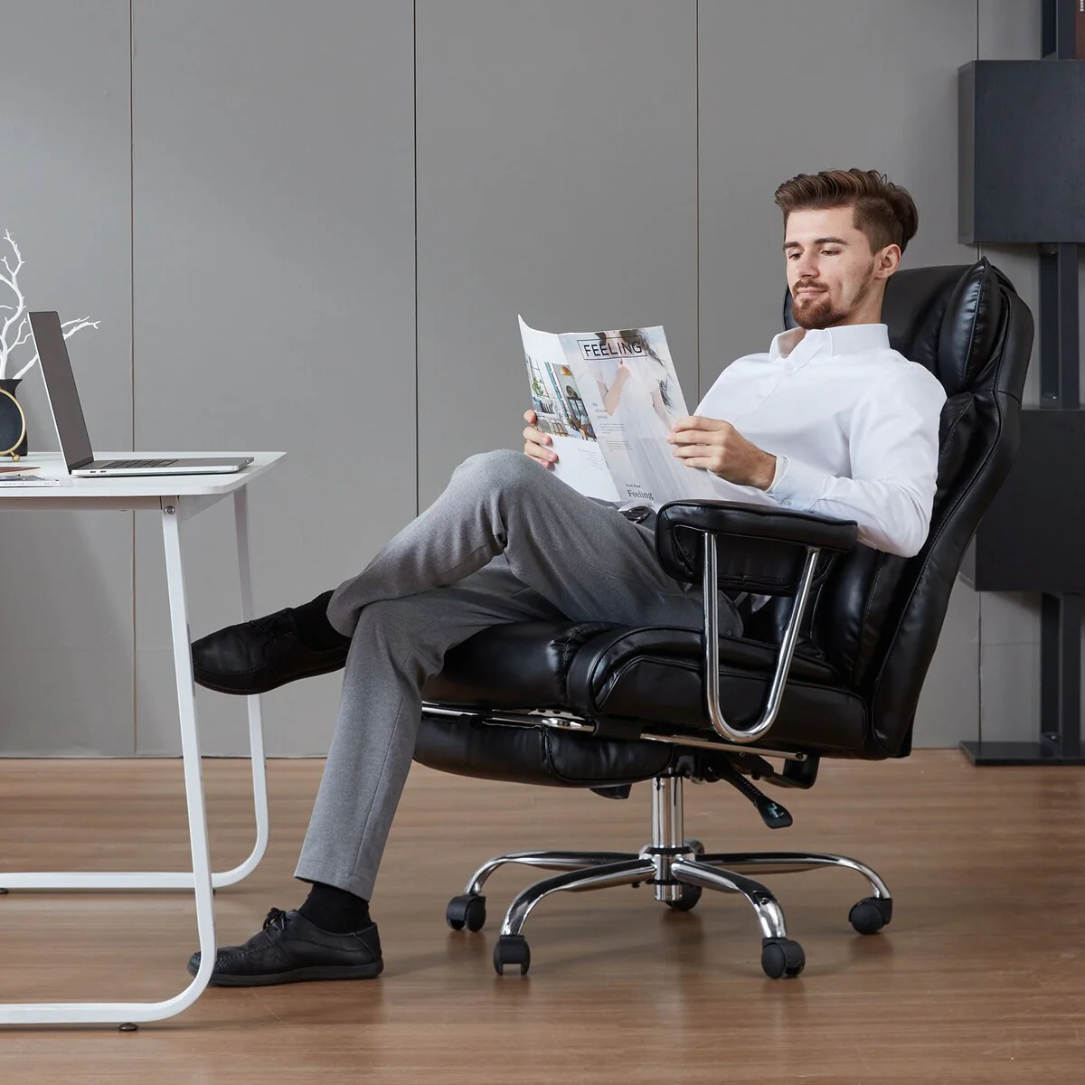 Comfortable Executive Reclining Leather Office Chair with Foot Rest and Adjustable High Back