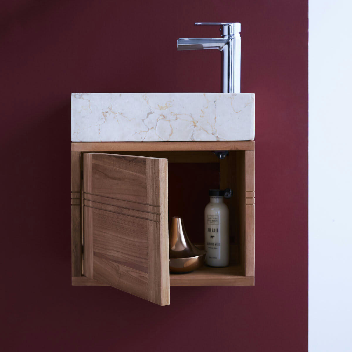 BASIC - Meuble Lave main en teck massif et marbre cream