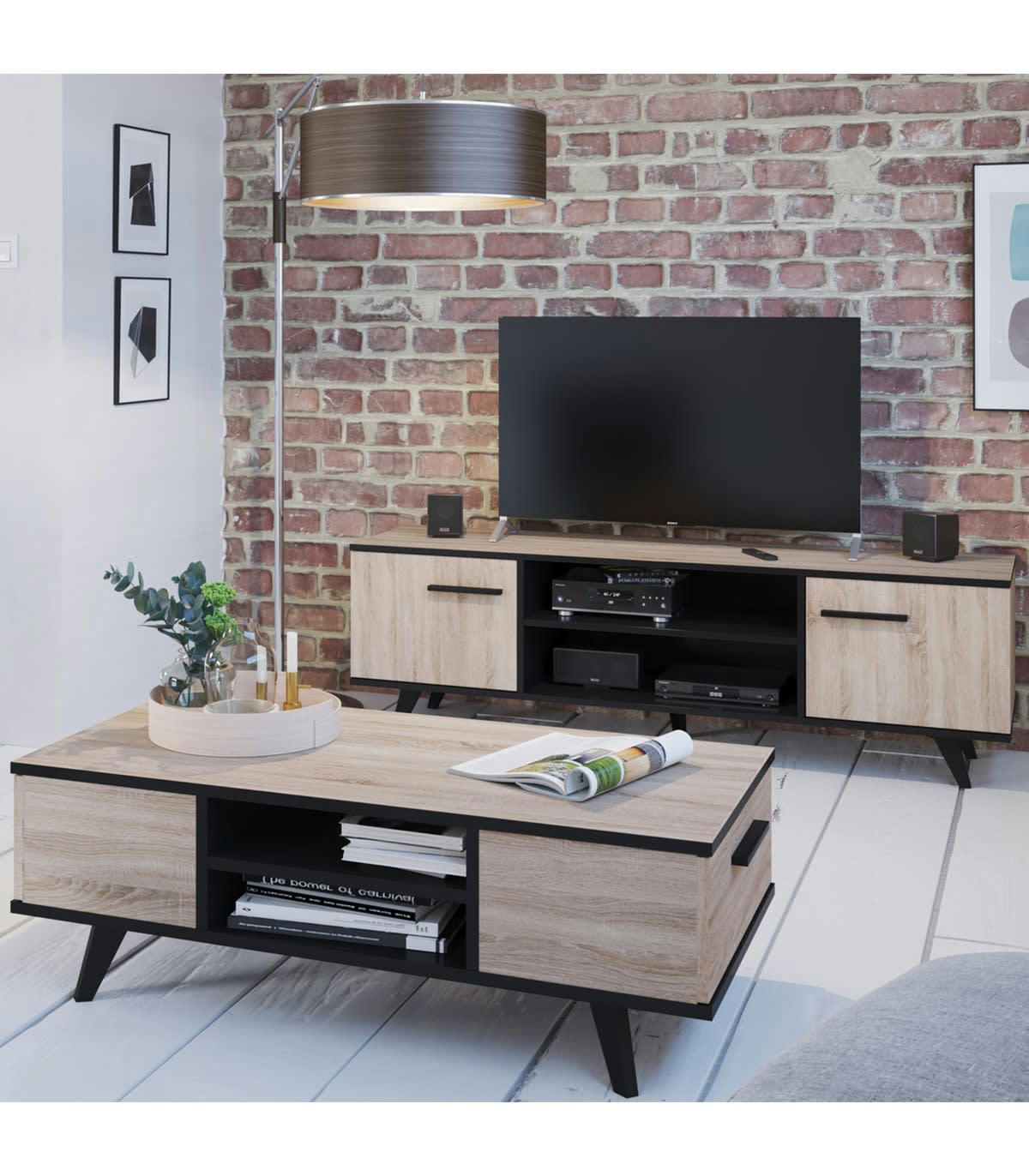 WAYNE - Table Basse 2 Tiroirs et 2 Niches L106,6 cm - Décor chêne et noir